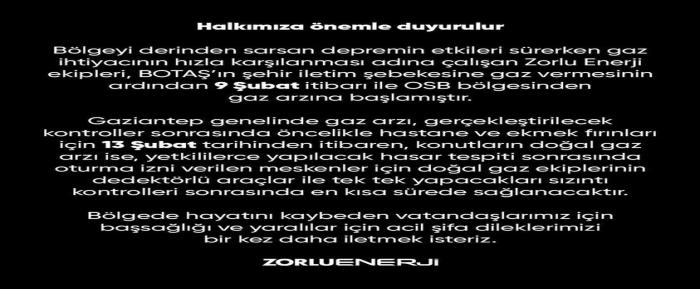 Zorlu Enerji Doğalgaz Açıklaması
